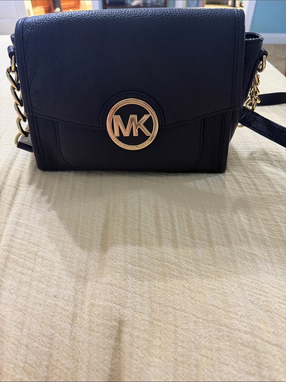 Michael Kors Black Leather Crossbody with Gold MK Emblem